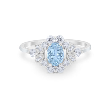 Oval Wedding Ring Vintage Simulated Aquamarine CZ 925 Sterling Silver